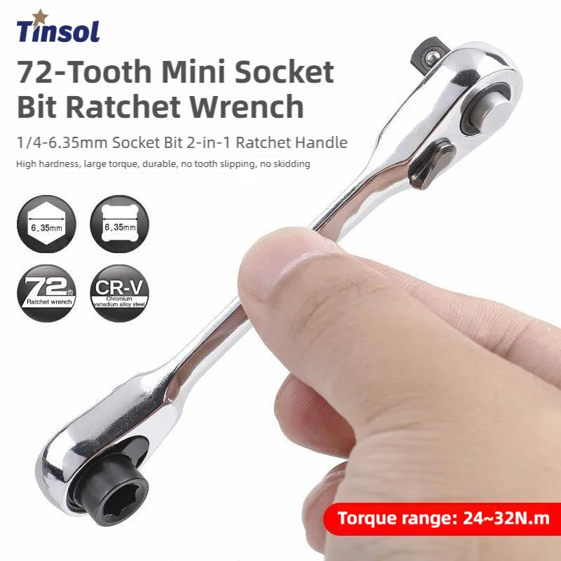 TINSOL 1/4인치 미니 라쳇 렌치 양면 소켓 라쳇 렌치 72톱니 드라이버 육각 토크 렌치 수리 도구