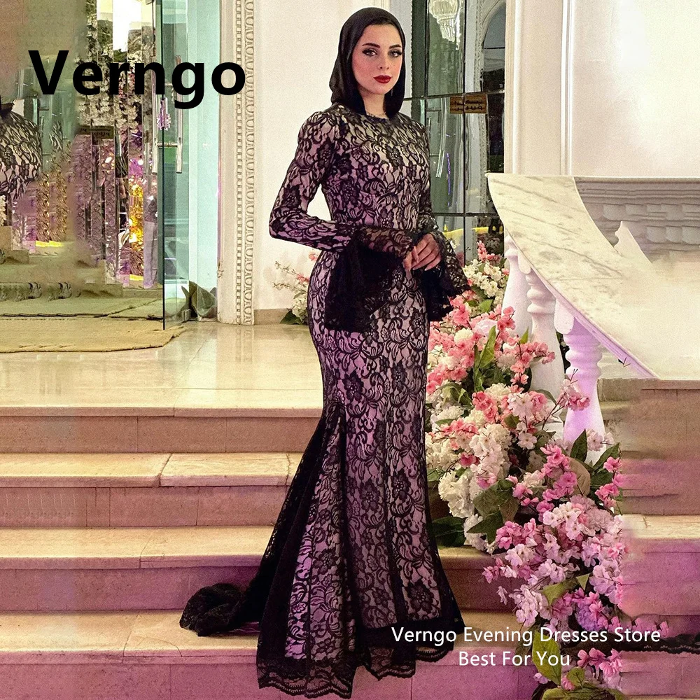 

Verngo Lace Long Puff Sleeves Party Dresses O Neck Long Mermaid Evening Dresses For Women Formal Dress Saudi Arabic Prom Gowns