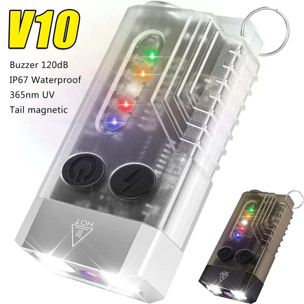 

V3/V10 MINI LED Flashlight Fluorescence Keychain Light Portable Super Bright Torch TYPE-C USB Charging Emergency Work Light