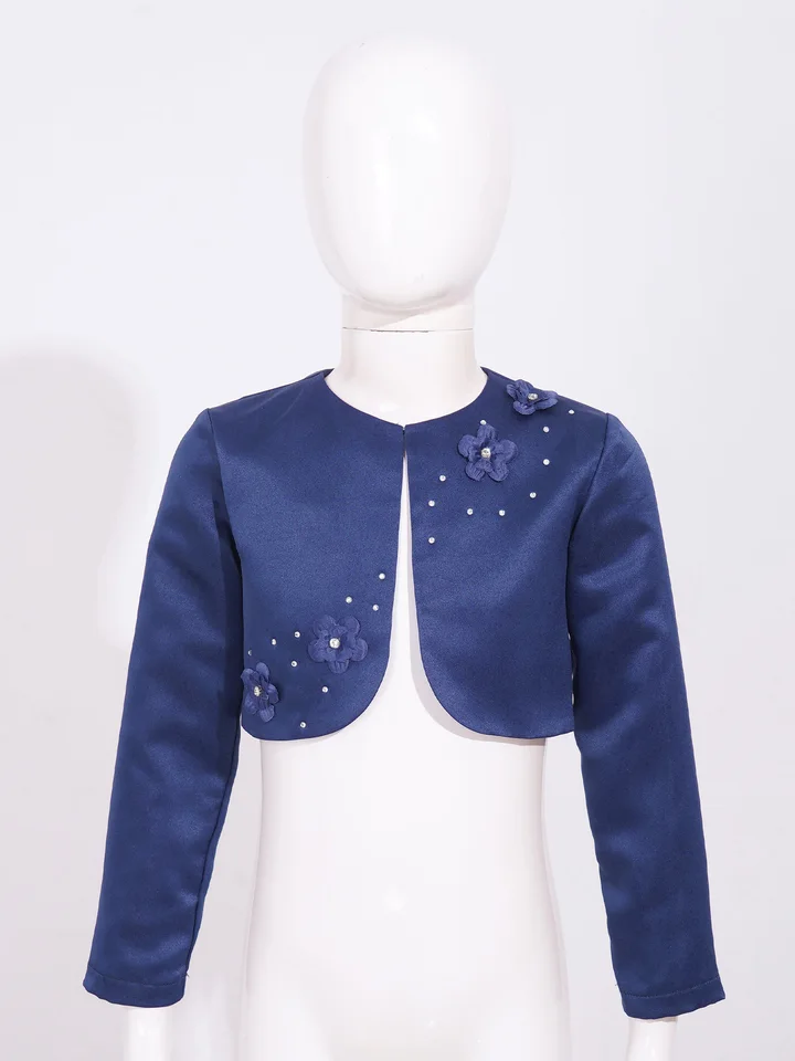Arshiner Meisjes Open Front Shrug Cardigan Kids Kinderen Gebreide Lange Mouwen Bolero met Knoopsluiting, Donkerblauw, 150 cm