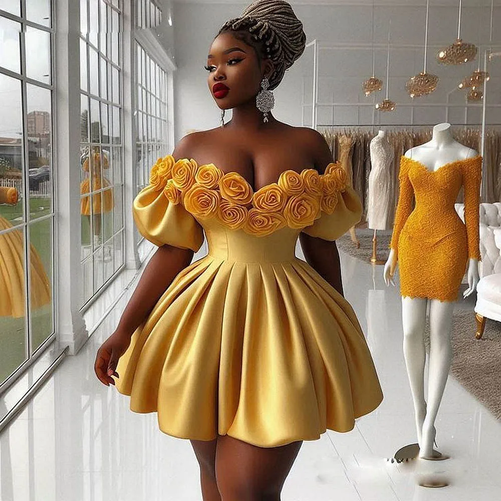 Yellow Cocktail Dresses Handmade Flowers Satin Plus Size Prom Dreess Aso Ebi Wedding Party Gowns Short Sleeves