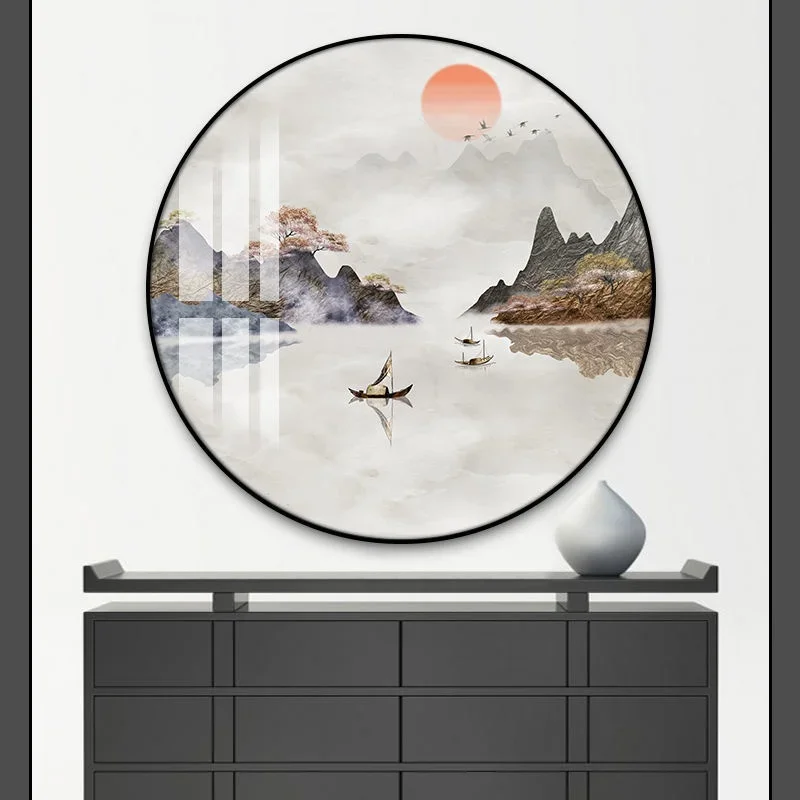 

New Chinese Style round decorative painting entrance Household corridor Landscape Paintings Tea Room Study Artistic Mural porch