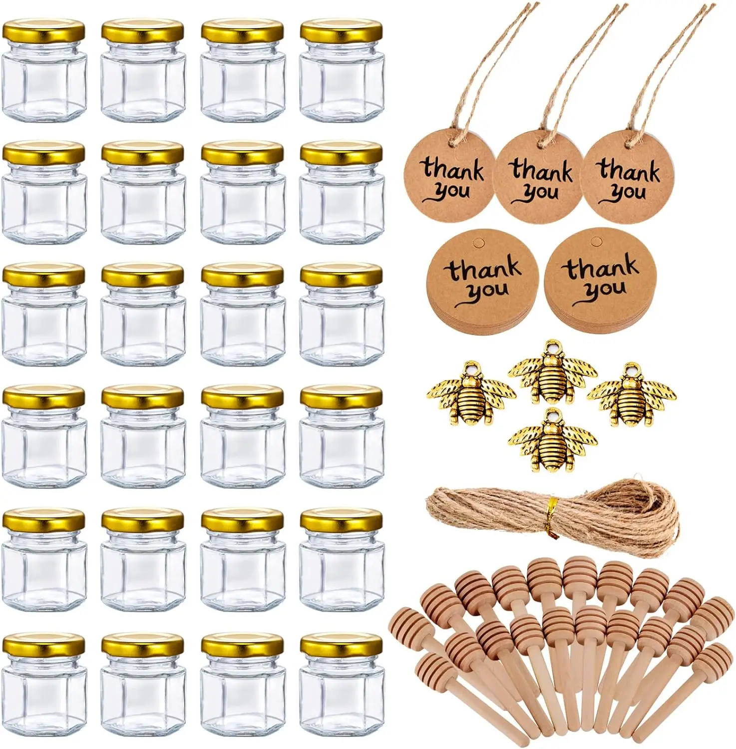 

20PACK 1.5oz Mini Glass Honey Jar Small Hexagonal Honey Jars with Wooden Dipper Gold Lid Bee Charms Gold Gift Bags