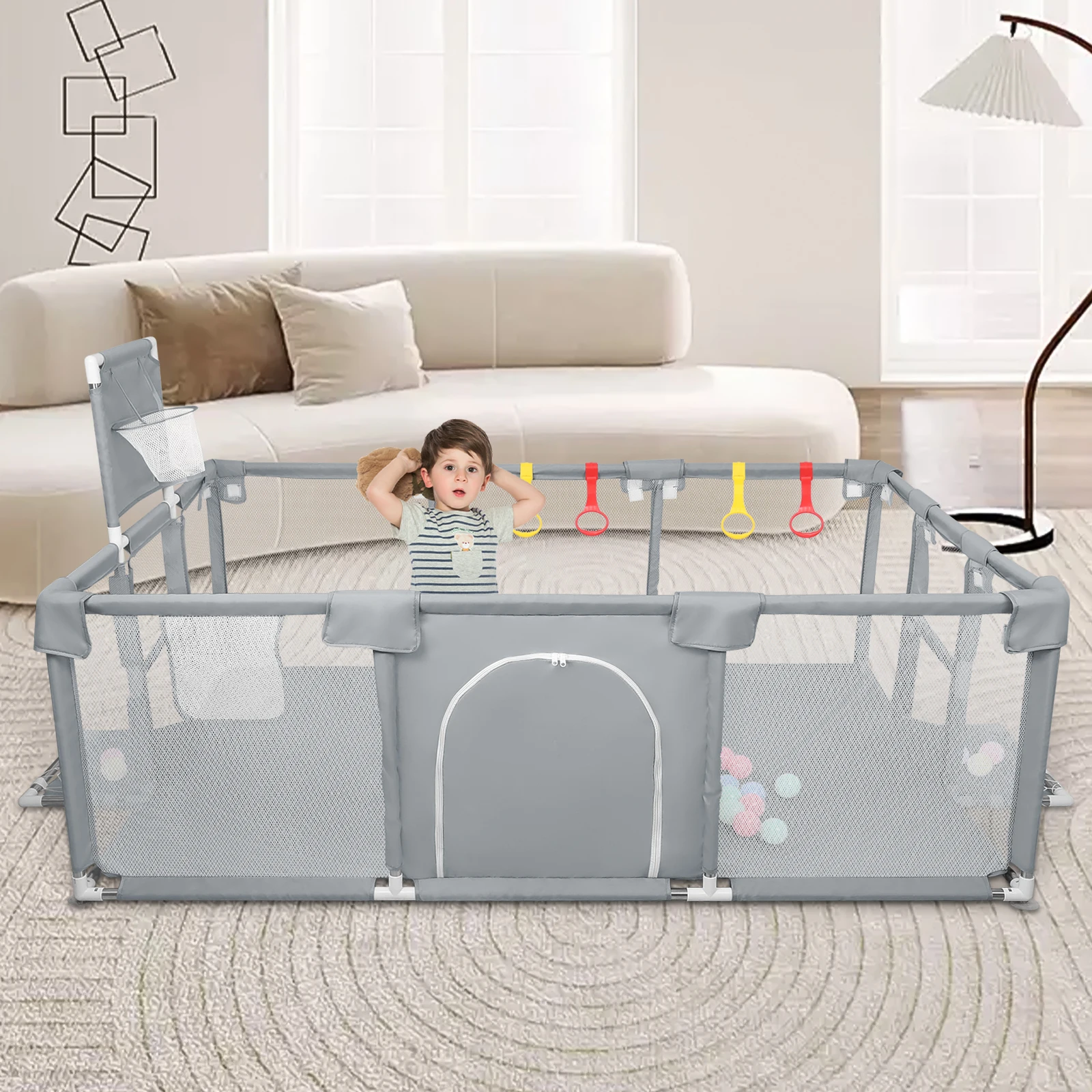 Baby Park, 180x120x66cm, baby and young children Cloture XXL, 50 ocean balls, with Football goal and Basket Basket, 4 Traction rings, soft breathable net, activity center, 4 colors