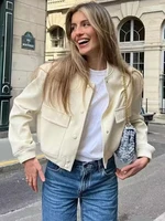 TRAF 2023 Woman Bomber Jacket White Autumn Winter Button Cropped Jackets for Women Fashion Long Sleeve Crop Outerwear 1