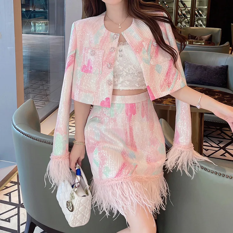 

Fashion High Quality Sequin Spliced Ostrich Feathers Gala Luxury Suits O Neck Long Sleeve Jacket Coats Casual Skirt 2 Pieces Set