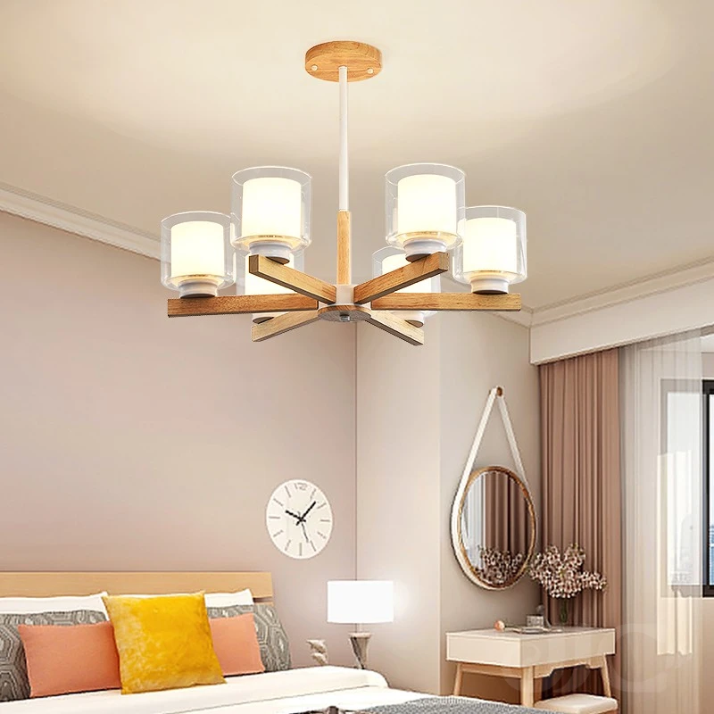 

JJC 110V-240V 3-6 Lamp Nordic Stepless Dimming Wood Chandelier Intelligent Lighting Home Lamp Nordic Solid Wood Lamp