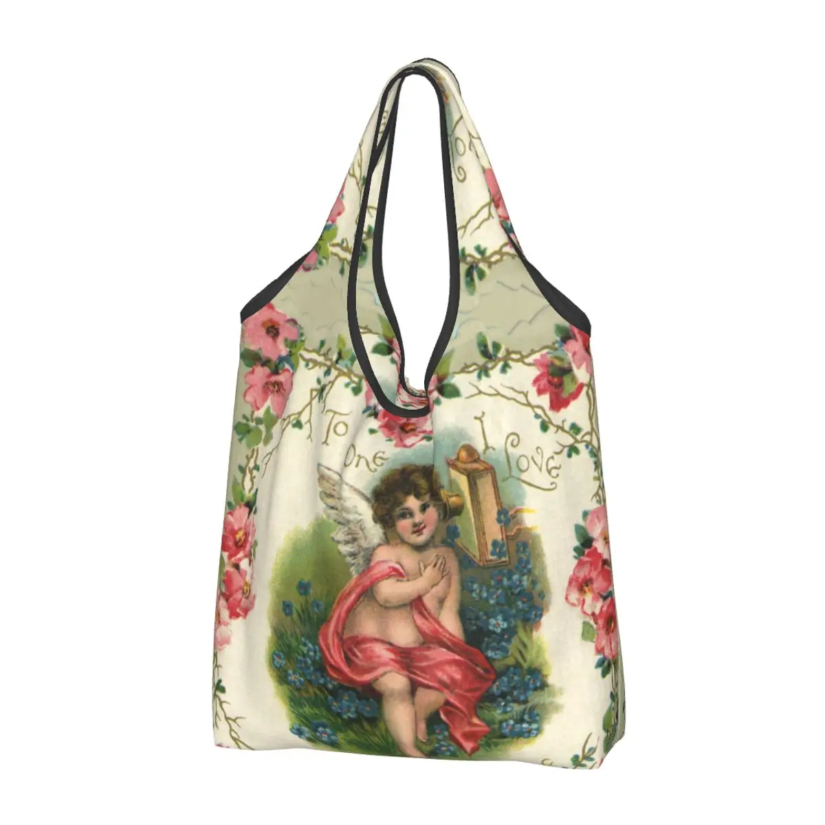 

Recycling Vintage Rose Victorian Angel Shopping Bag Women Tote Bag Portable Grocery Shopper Bags