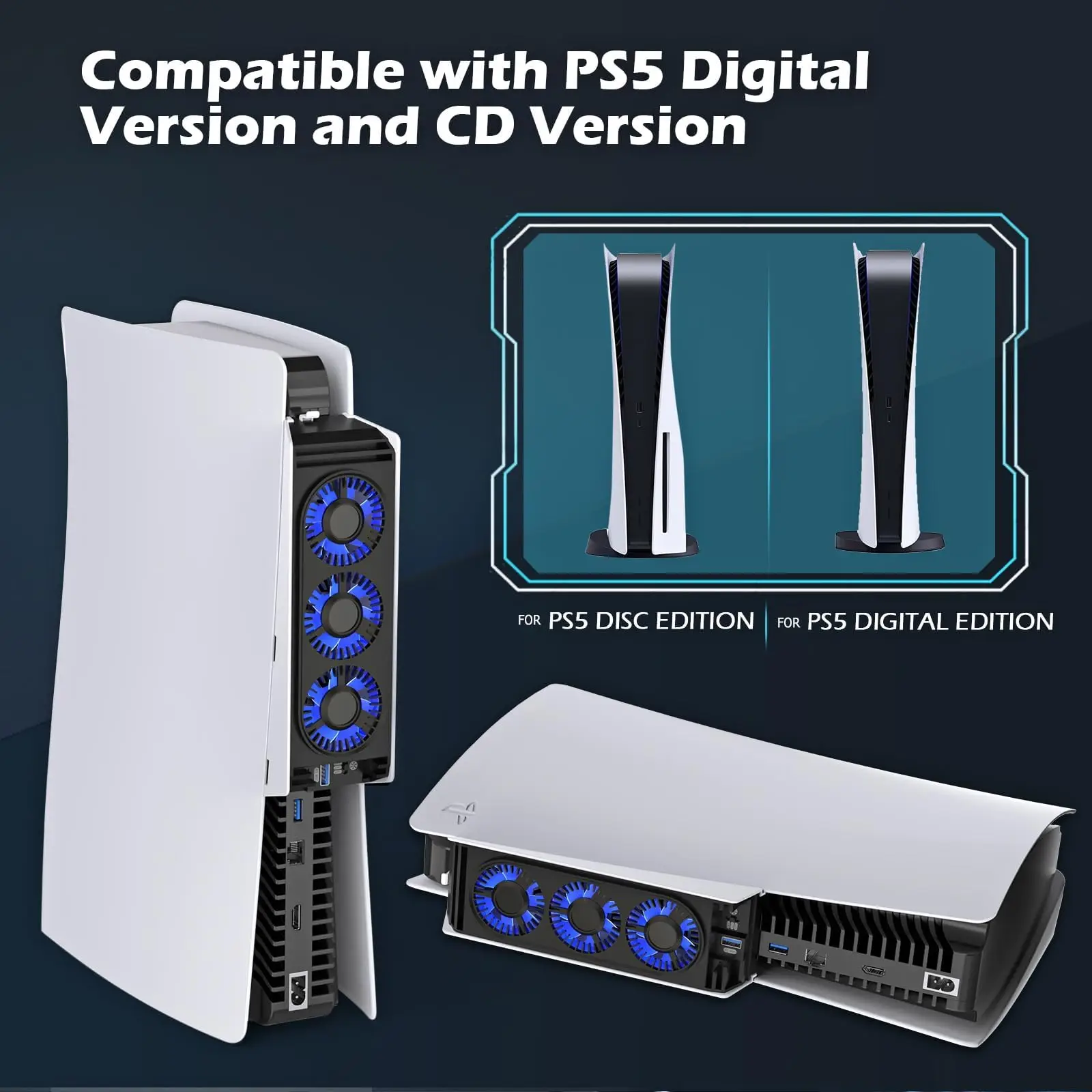 High Performance Horizontal Cooling Fan for PS5,Quiet Cooler Fan with LED Light and USB3.0 Hubs for PS5 Disc and Digital Edition