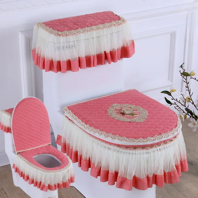 3 Piece Set Lace Toilet Cushion Detachable Toilet Cover Cloth Dust Cover Seat Cushion Home Decoration