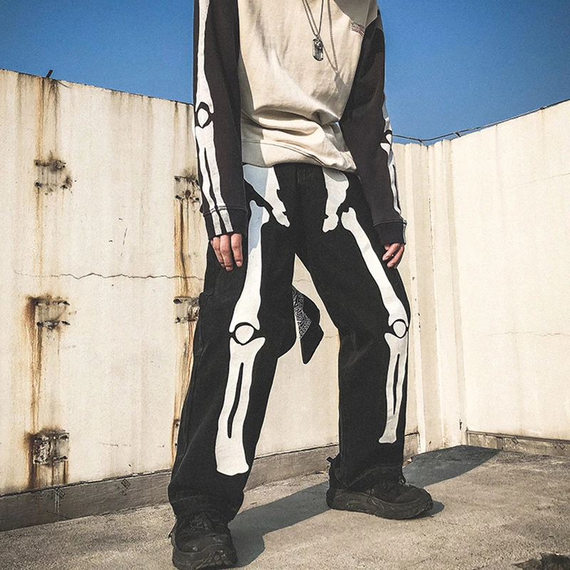 Pantalones vaqueros de esqueleto para hombre, ropa de calle informal, Hip  Hop, Punk, gótico, Y2k, Cargo| | - AliExpress