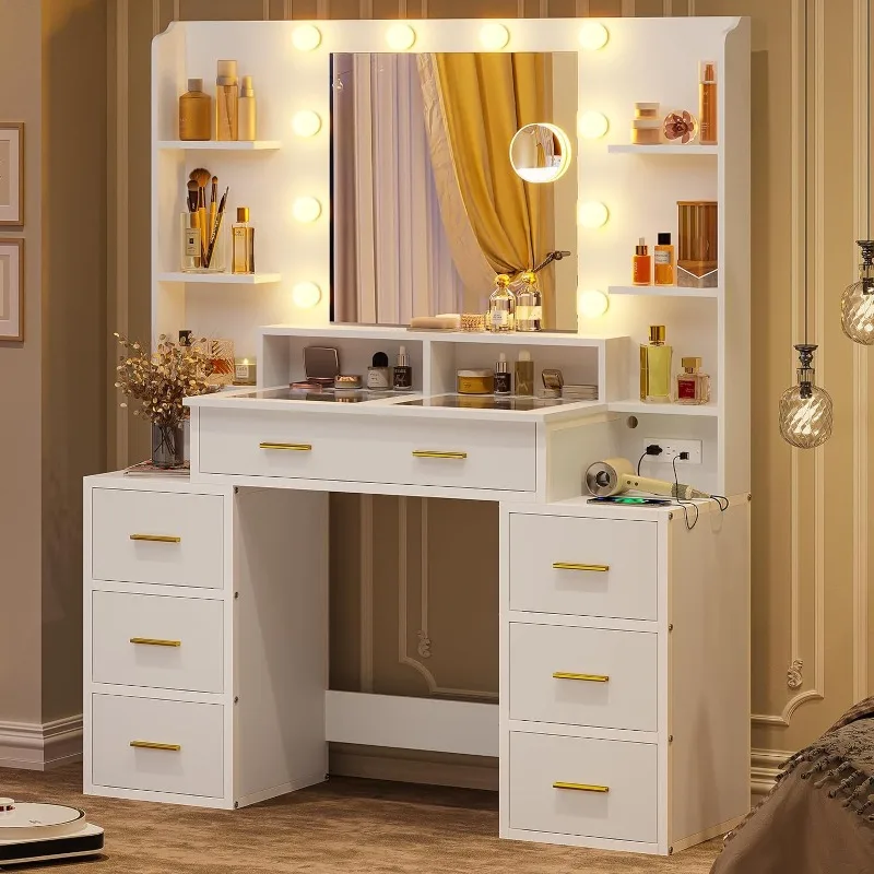 

Glass Top Makeup Vanity Table with 10x Magnifying Mirror, Vanity Desk with Mirror and Lights& Charging Station, Drawers& Shelves