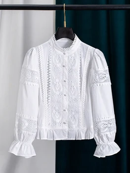 French White Lace Patchwork Blouse Women Puff Sleeve Long Sleeve Top Elegant Fairy Style Shirt Summer 1