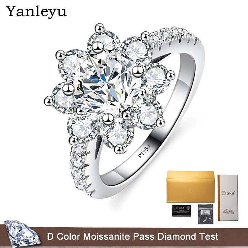 

Yanleyu D Color VVS1 1CT/2CT Moissanite Ring Sunflower Lotus Lab Diamond For Women Wedding Band PT950 Platinum Fine Jewelry