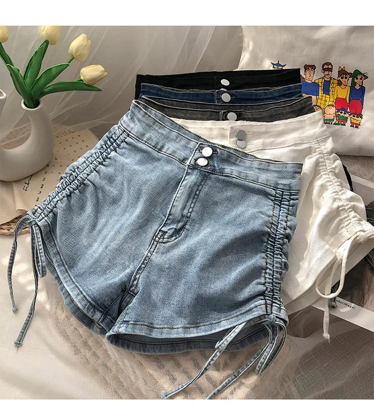 gap jeans Denim Shorts Two Button High Waist Drawstring Lace Washed Jeans Women Spring 2022 Korean Version Stretch Wide Leg  Slim Short stacked jeans