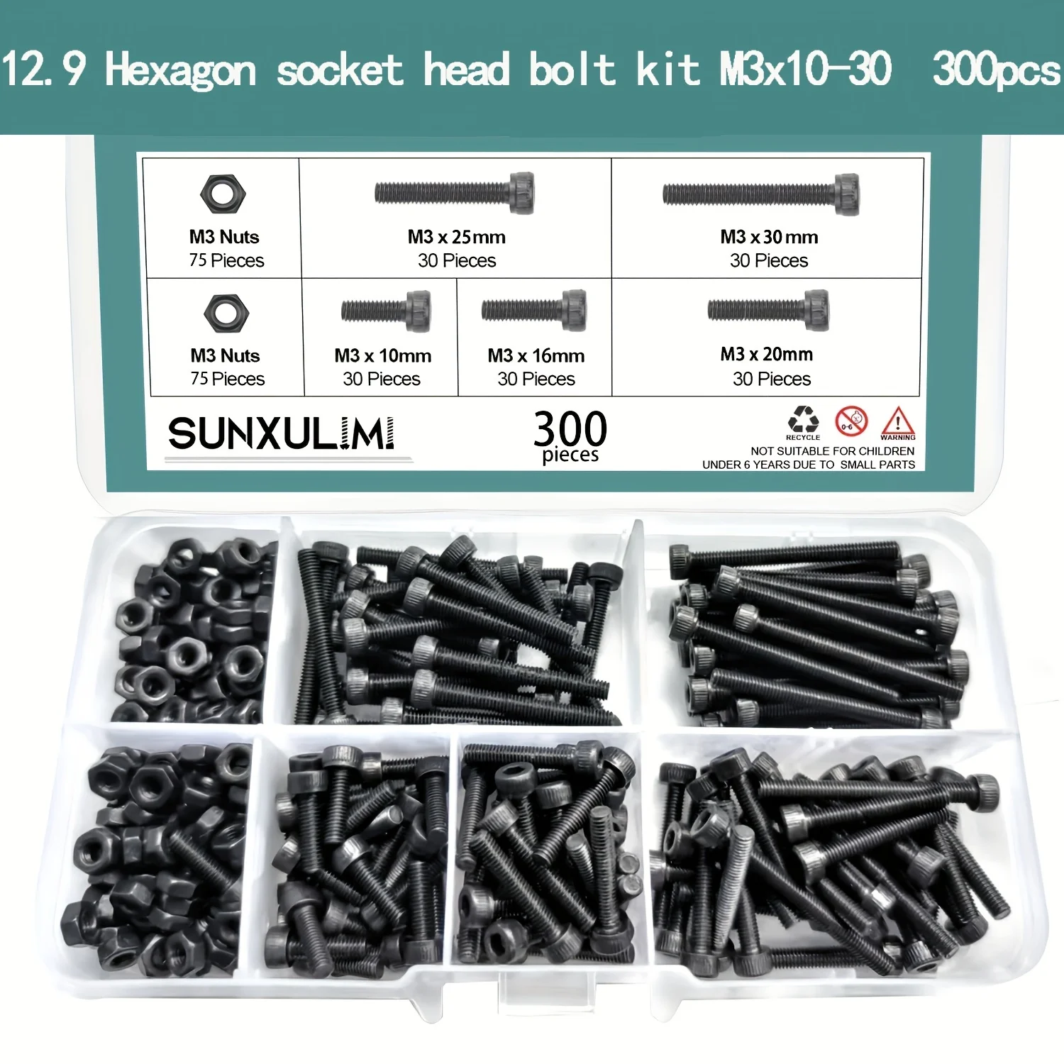 300 M3 x 10mm/16mm/20mm/25mm/30mm 12.9 grade alloy steel hexagon socket head bolt and nut kit screw bolt nut set hexagon socket head cap screw hex nuts assortment kit