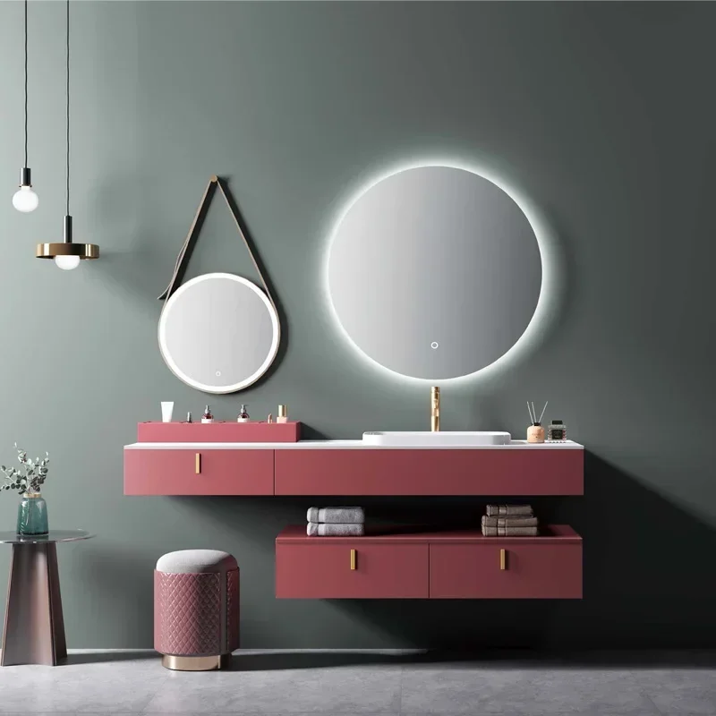 ~Oak Bathroom Cabinet Combination Bathroom Table Smart Mirror Modern Minimalist Stone Plate Washbasin Rose Pink
