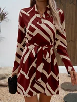 Elegant Commuter Style Red Apricot Geometric Striped Shirt Dress for Women, Spring and Autumn, Waist-Cinching Slimming Long Sleeve A-Line Short Dress, Petite Workplace Date Chic Shirt Dress