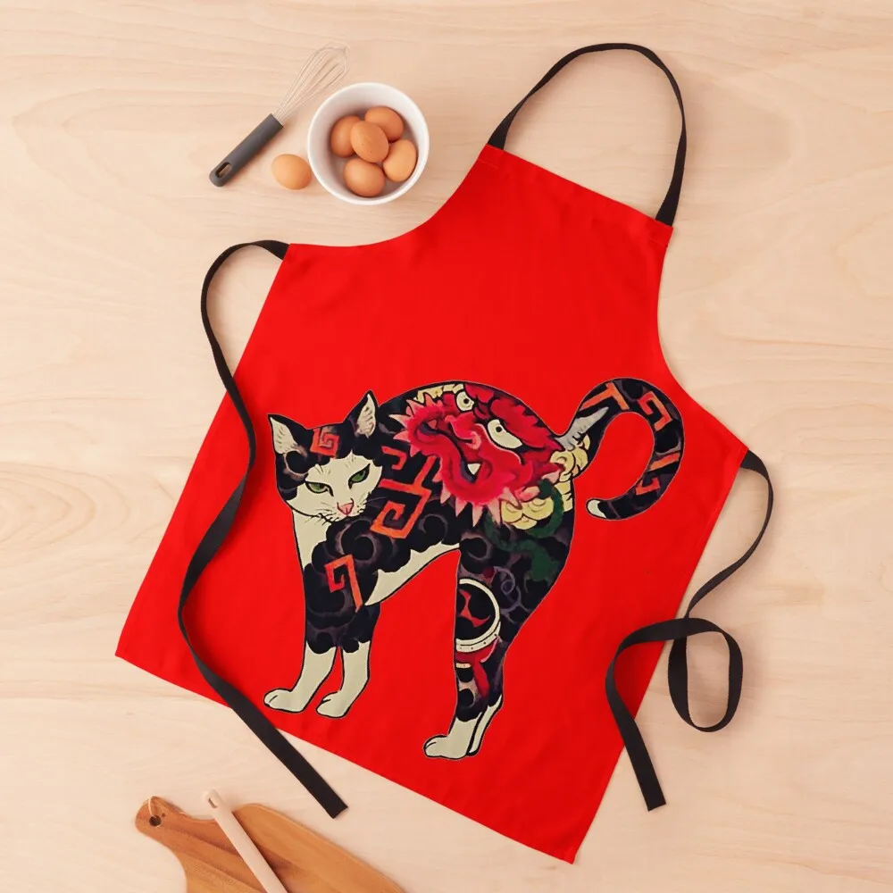 

Antique Japanese Woodblock Print Cat with Flower Tattoos Apron For Nail Stylist carpenter Apron