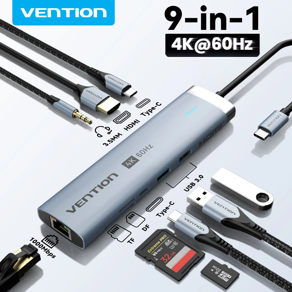 USB Hub Vention USB C Hub HDMI 4K 60Hz 9 in 1 PD 100W RJ45 Adapter USB3.0 Hub 5Gbps Splitter Docking Station for MacBook Air iPad Laptop