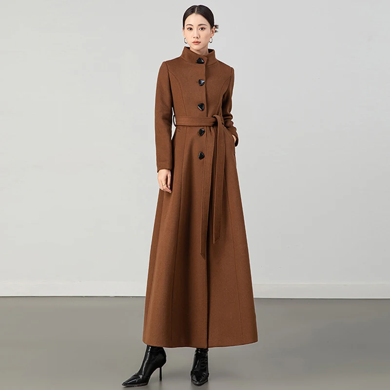 

New Women Autumn Winter Coffee Wool Blended Overcoat Simplicity Fashion Small Stand Collar Single Breasted Slim Long Woolen Coat