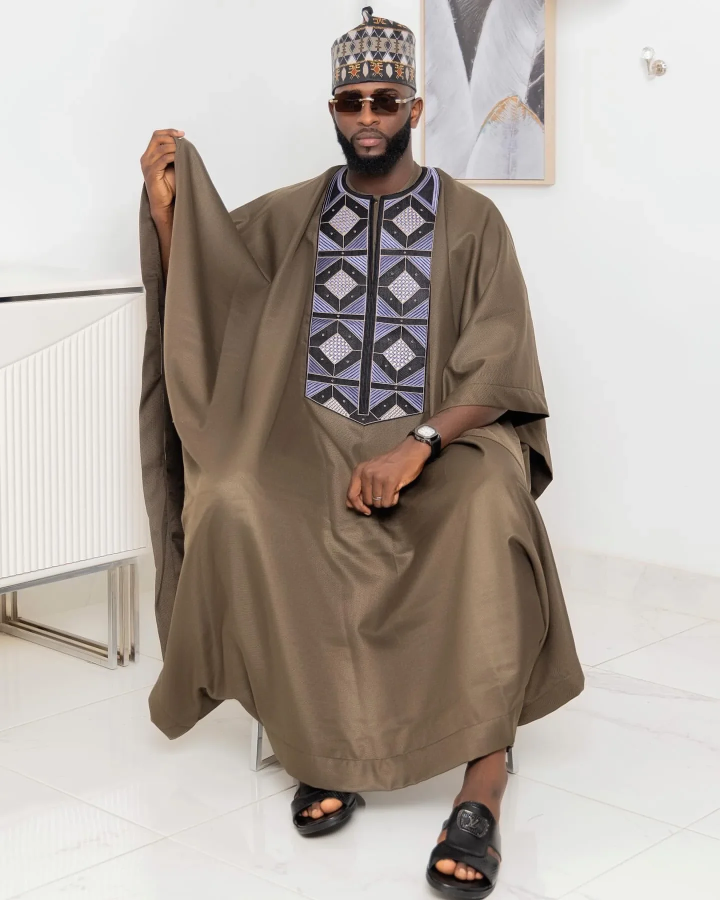 African Clothes For Man Embroidery Design Top Long Sleeve 3 Piece Set