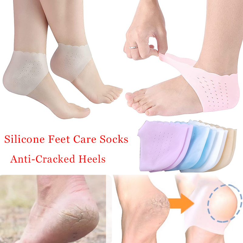 1pair Silicone Feet Care Socks Anti-Cracking Moisturizing Gel Heel Thin Socks Lace Heel Cover with Hole Foot Skin Care Protector