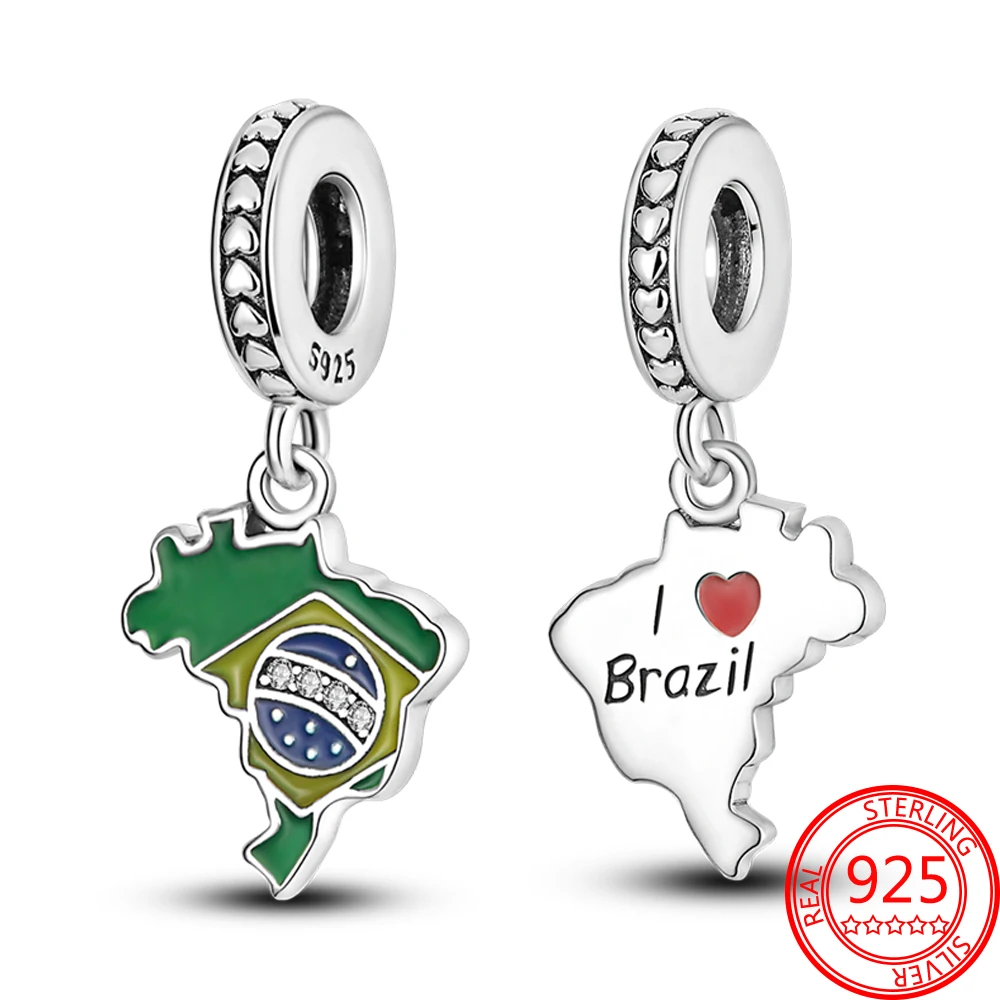 Real 925 Sterling Silver Green Charm Brazil World Cup Dangle Charm