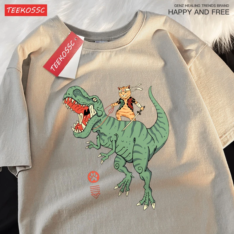 Japanese Harajuku Riding Dinosaur Cat Clothes Men Women Cotton T-Shirt Fashion O-Neck T-Shirt Breathable Oversize Tops Summer
