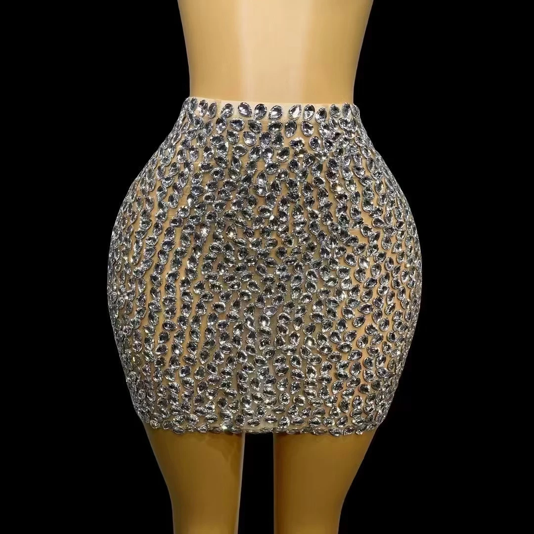 Full Sparkly Rhinestone Mesh Tight Fitting Skirt Sexy Women Mini Skirt Nightclub Party Outfit High-end Crystals Skirt shuidiqun
