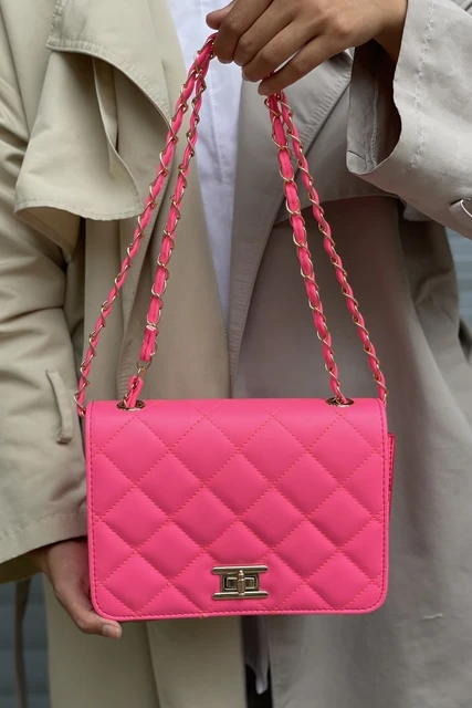 Women's neon pink adjustable chain cross askılı quilted shoulder bag and  cross shoulder bags, neon bag