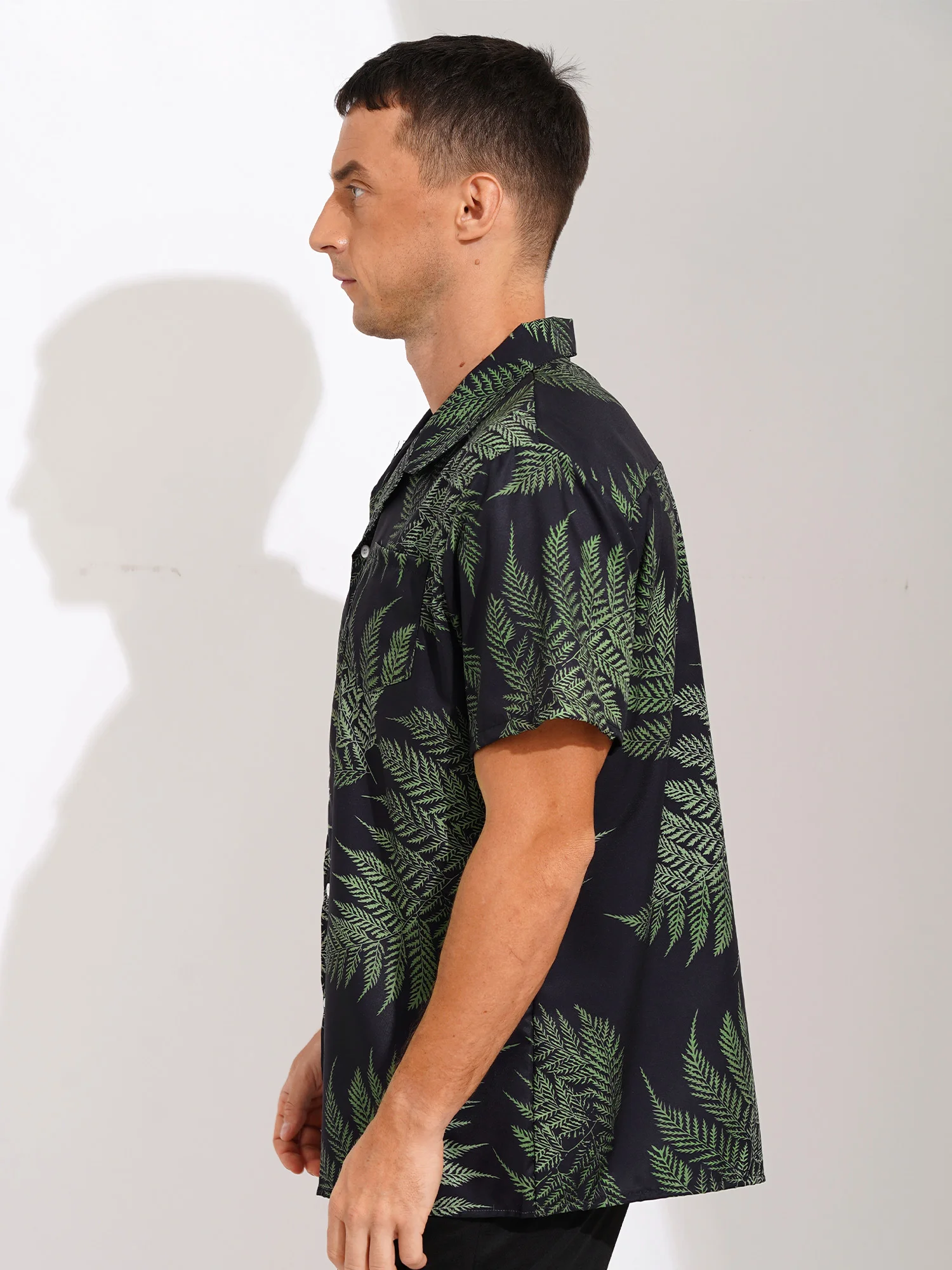 Fashion Mens Leaf Print Hawaiian Shirt Casual Short Sleeve Button Down Shirts Vacation Cruise Travel Beach Notched Collar Tops