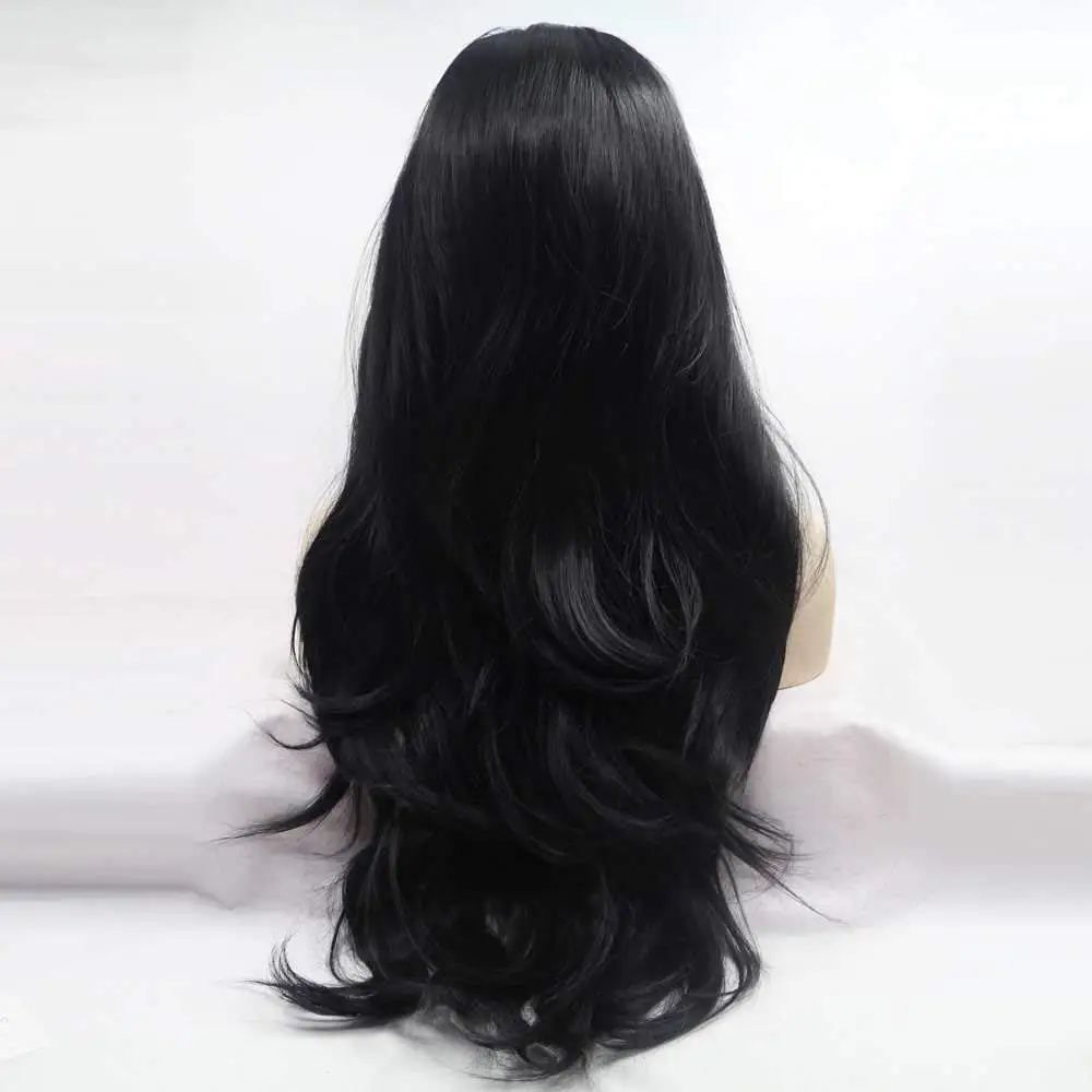Lace Front Wig Synthetic Black Lace Front Wigs 1b#Color Long Black Wavy Wigs Heat Resistant Fiber Long Hair Middle Parting