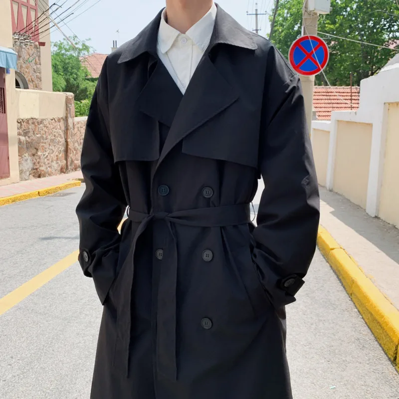 

Black Trench Coat Men Loose Elegant Mid-length Windbreaker Double Breasted Korean Fashion Spring Autumn Khaki Casual Outerwear