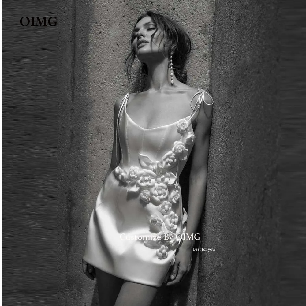 

Сексуальные короткие свадебные платья OIMG, атласные свадебные платья мини на бретелях с 3D цветами, официальное платье для выпускного вечера, женское вечернее платье