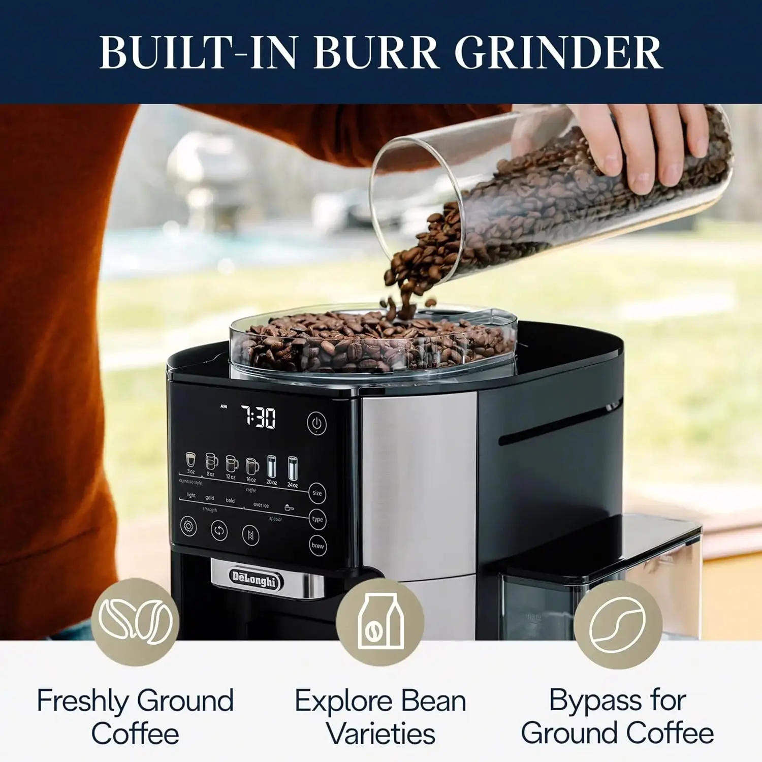 Drip Coffee Maker, Built in Grinder, Single Serve, 8 oz to 24 oz, Hot or Iced Coffee, Stainless, CAM51025MB 2