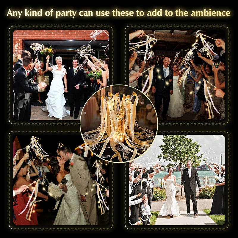 10-80Pcs Wedding Wands Ribbon Streamers with Bells Light up Silk Fairy Wand Glow in the Dark for Wedding Birthday Party Favors