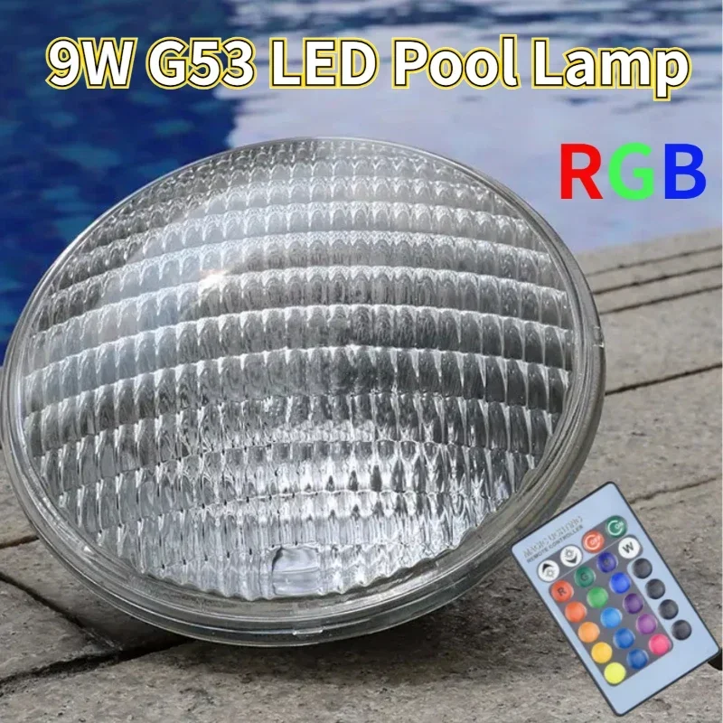 

Новинка, подводная лампа для бассейна 9 Вт G53 с RGB-подсветкой, освещение для бассейна, сада, ландшафта, с дистанционным управлением PAR36 IP65, водонепроницаемая, переменный/постоянный ток 12 В