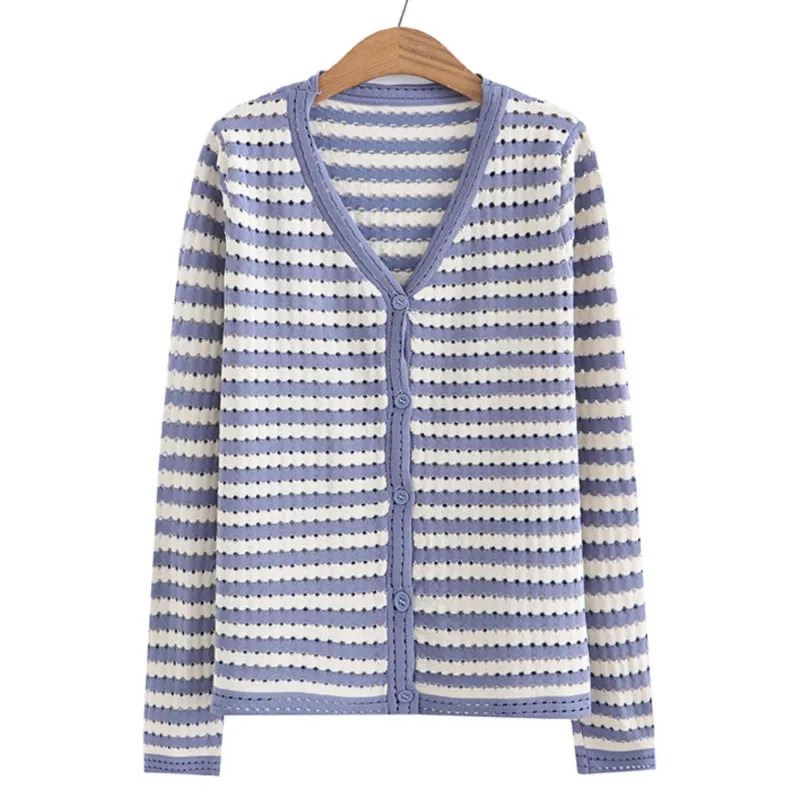 

4XL Plus Size Basic Sweaters Women Autumn Winter V-Neck Hollow Out Slim Jumpers Fashion Striped Contrast Color Knitted Cardigan