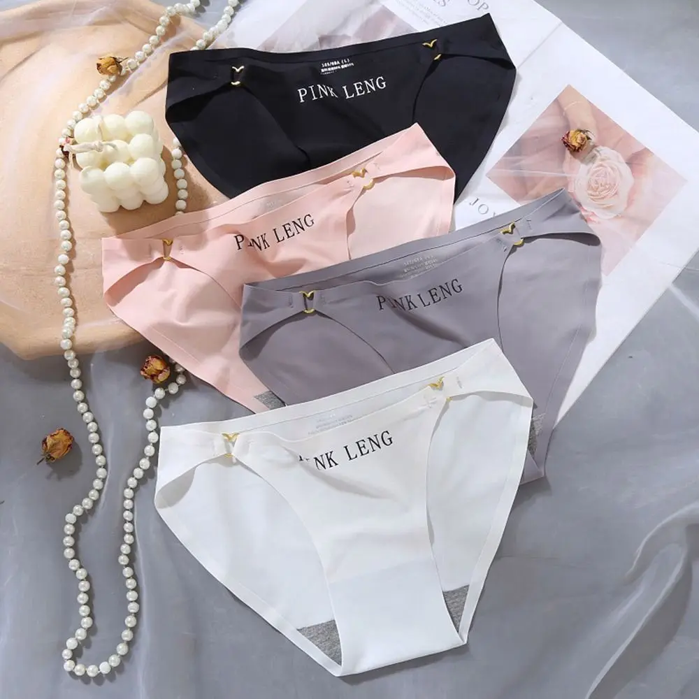 

Letter Ice Silk Panties Comfortable Mid-waist Ice Silk Letter Underwear Women Solid Color Seamless Underpants