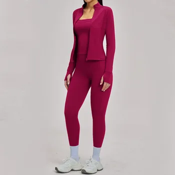 Yoga Suit 3PCS Sports Set Gym Sets Women Cycling Tracksuit Running Workout Sports Suits Long Sleeve High Waist Tights Sportswear 1