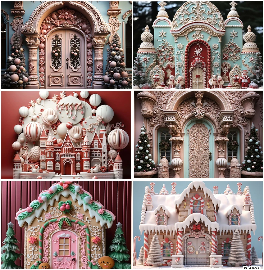 

Candy House Castle Backdrop Baby Birthday Cake Smash Snow Decoration Xmas Trees Photography Backgrounds Photocall Banner