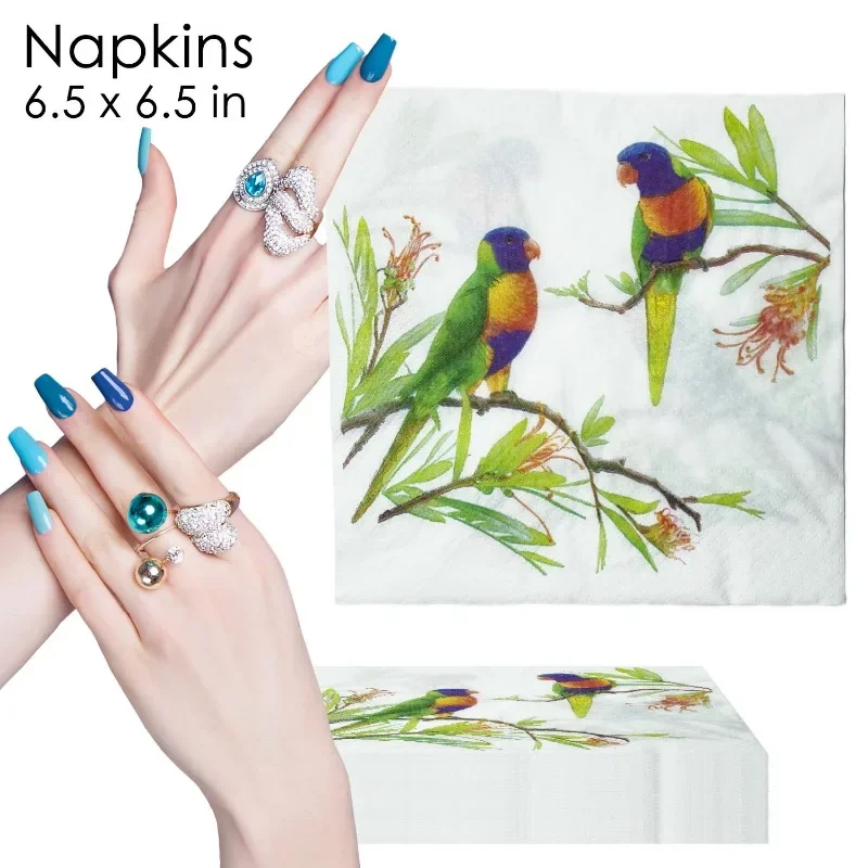 Paper Napkins Disposable Paper Placemats Magpie Branch Double Bird Square Napkin Flower Bird White Background Green Branches Wedding Party Supplies Decoration Placemats