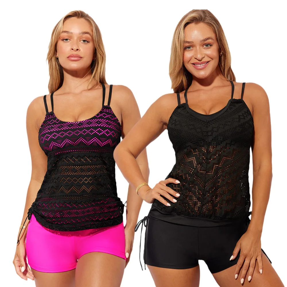 

Summer Women Black/Rose Lace Tankini Set XL XXL Beachwear Female Stylish Swimming Suits Newest Big High Waist Bikini
