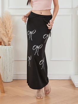 Women's Drawstring Long Skirts Fashion High Waist Bow Print Color Midi Skirts Ankle Length Skirts 4
