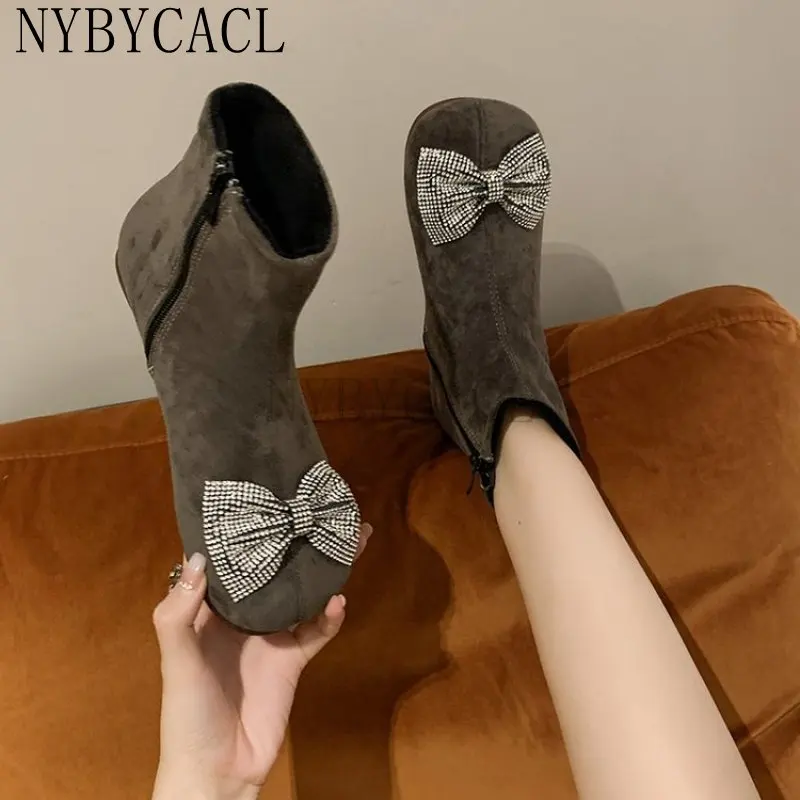 

Spring and Fall Womens Round Toe Rhinestones Big Bowknot Ankle Boots Platform Mid Heel Shoes Stretchy Black New 2023