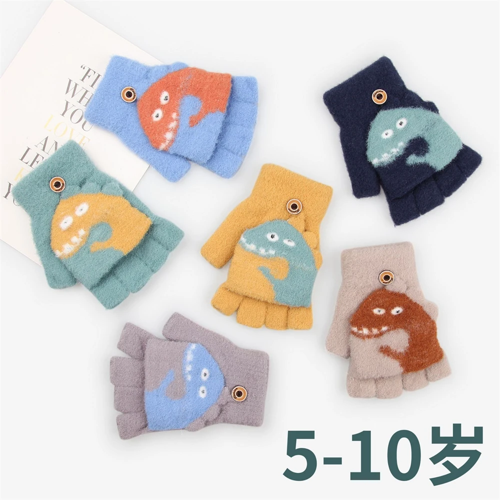 

5-10-year-old children winter new knit warm cover cute little dinosaur cartoon Jacquard half-finger gloves ST-409