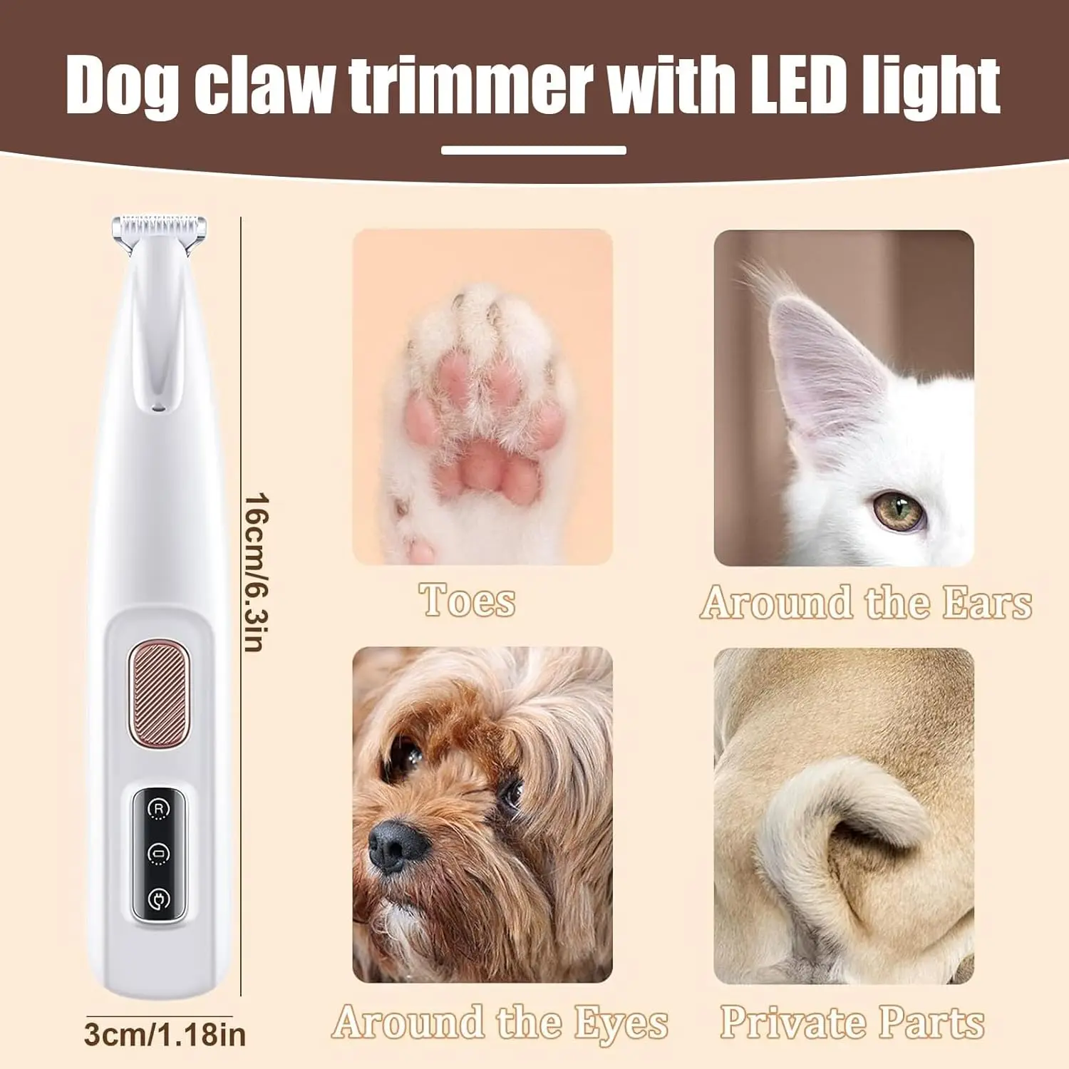 Professional Pet Paw Trimmer with LED Light 18mm Blade Safe Skin-Friendly Waterproof & Quiet Clipper for Cat/Dog Grooming