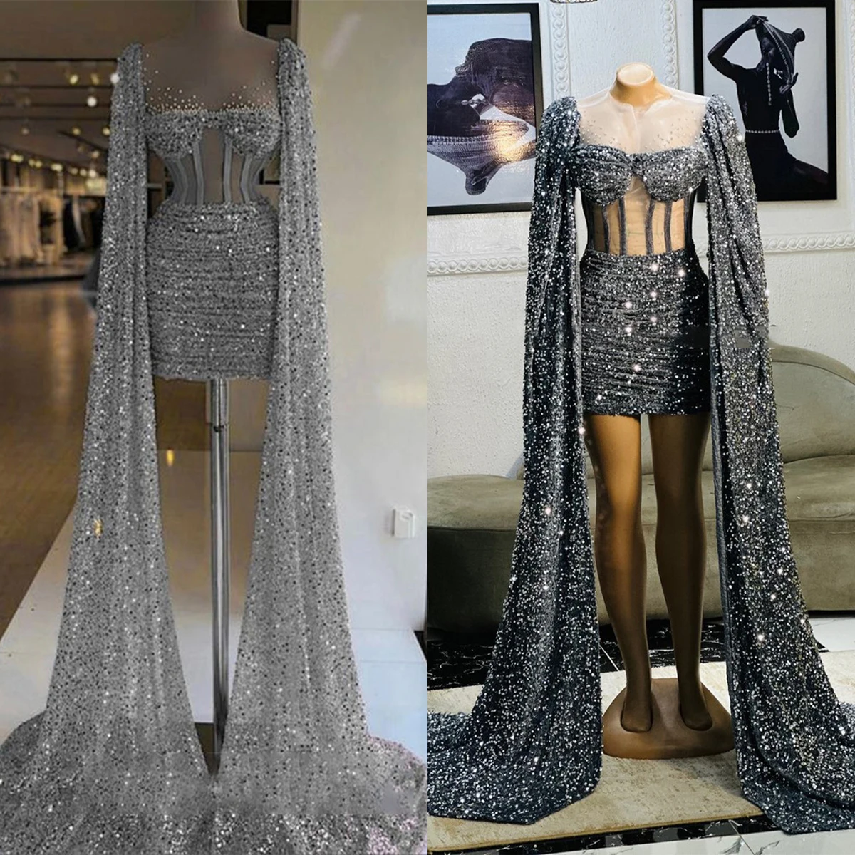 

Custom Size High End Hip Evening Dresses For Women With Wraps Pearl Boat Neck Sweep Train Prom Dresses Special Occasion