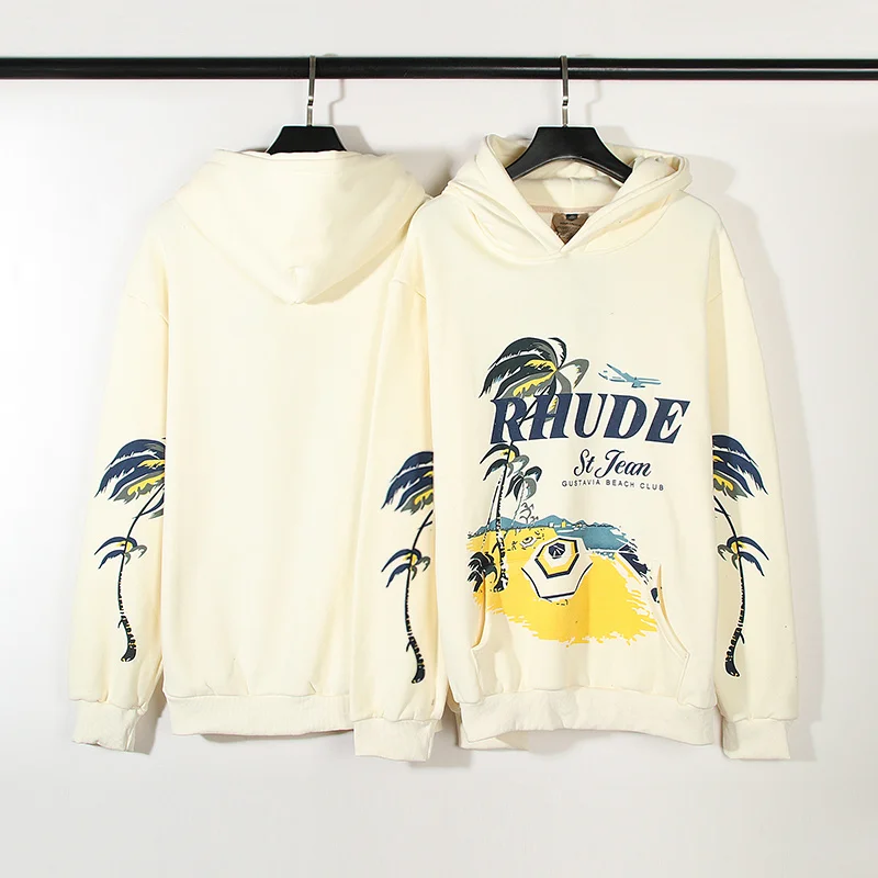 

23SS High Street Rhude Beach Coconut Tree Print Hoodie Loose Fleece Men's And Women's Hoodie